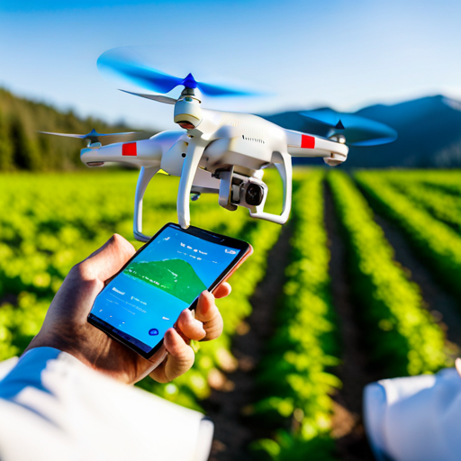 AI-powered drone monitoring a farm for sustainable agriculture.